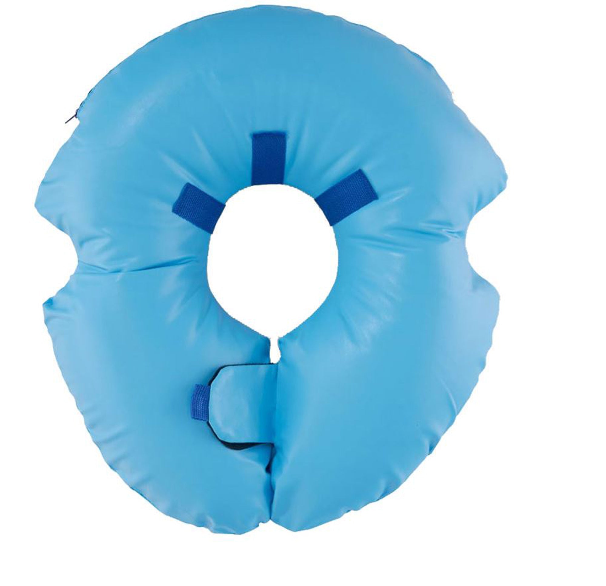 Blue inflatable recovery e-collar with front neck opening and fastening tabs