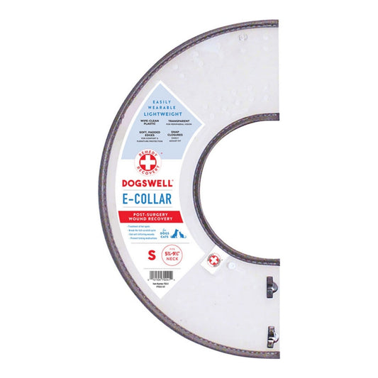 Rigid clear e-collar with size S label and vented circular rim