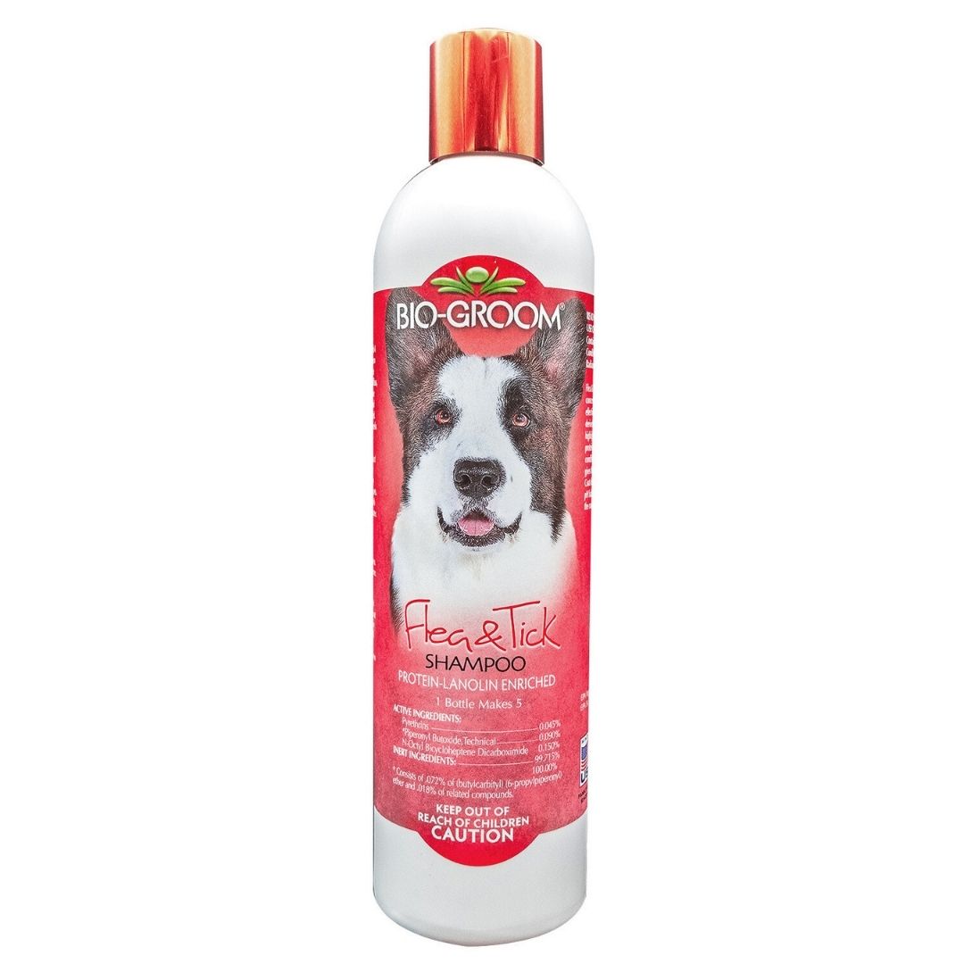 Bio-Groom flea and tick shampoo bottle, 12 oz, white bottle with dog label
