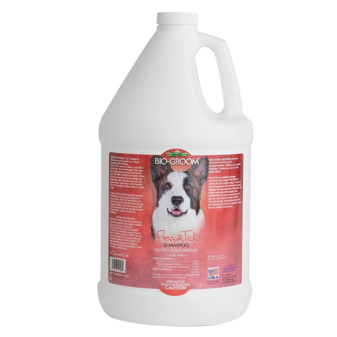 Bio-Groom Flea & Tick shampoo 1 gal in white plastic jug with red label