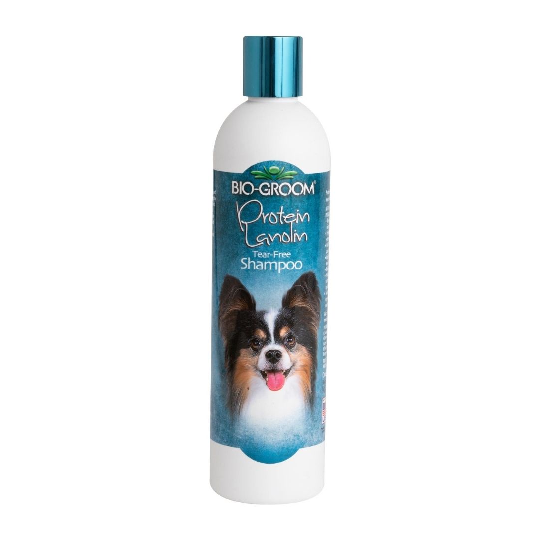 Bio-Groom tear-free protein shampoo bottle, teal cap, white bottle with dog label