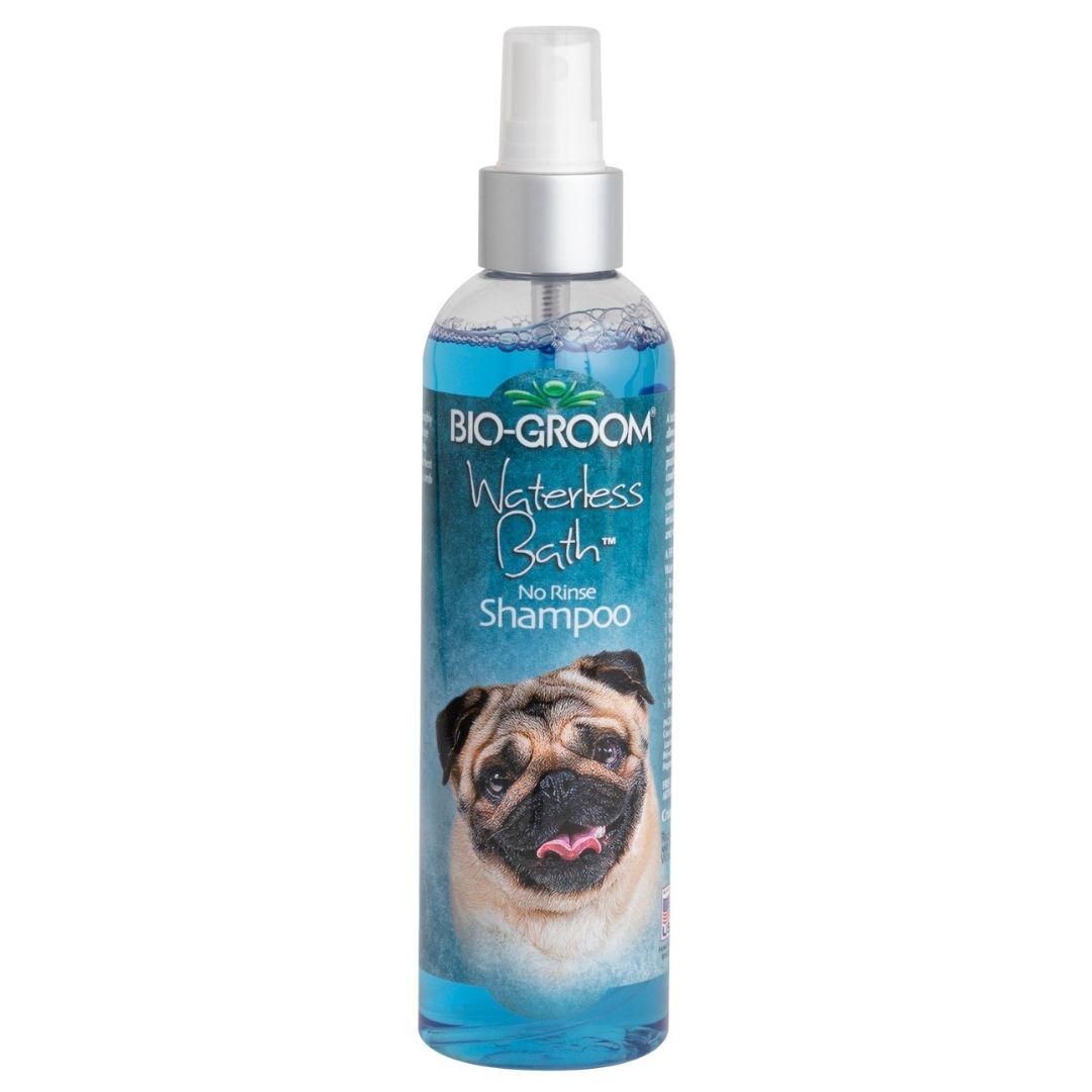 Bio-Groom waterless bath shampoo bottle with spray pump, blue label
