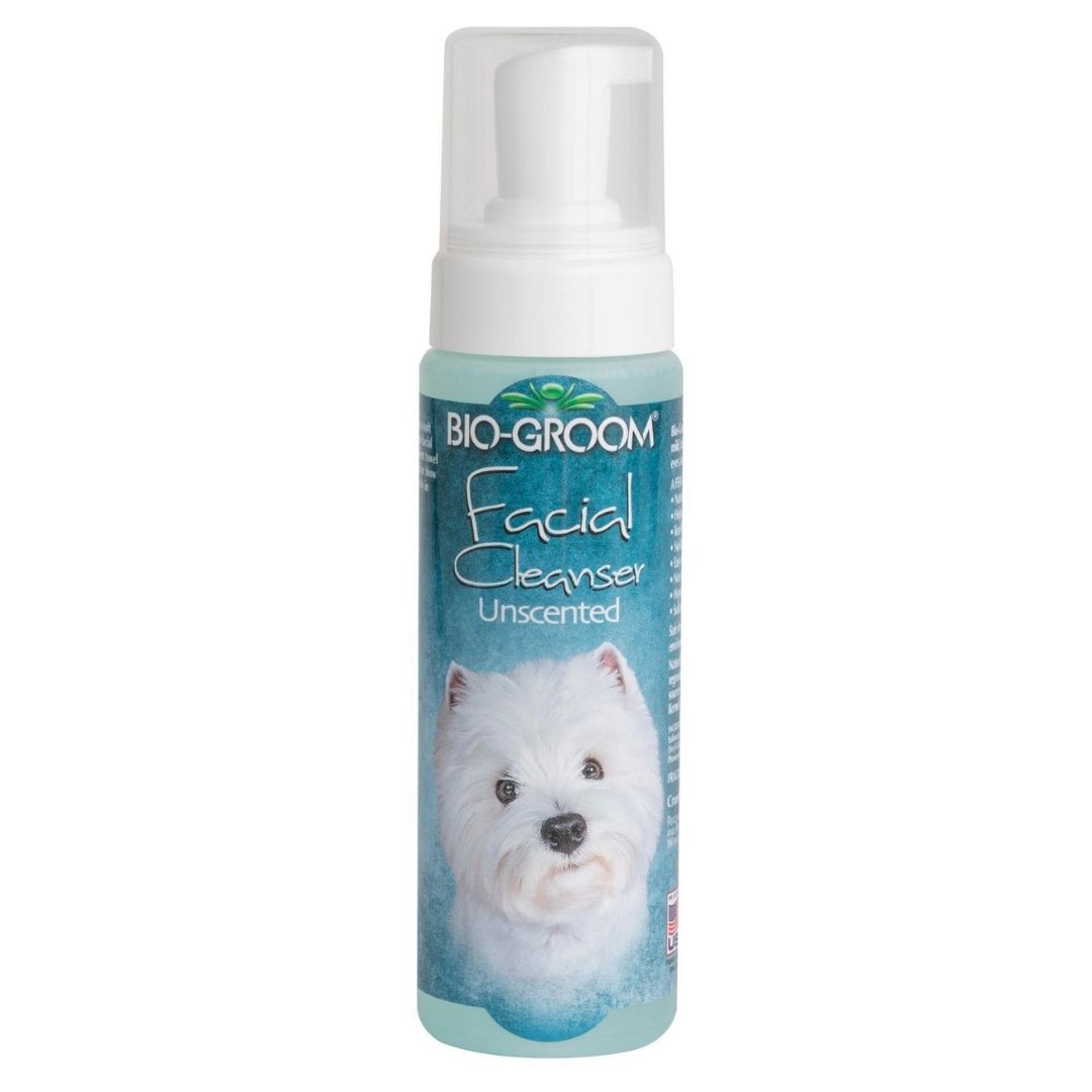 BioGroom Facial Foam Cleanser bottle with pump, blue label and white dog portrait
