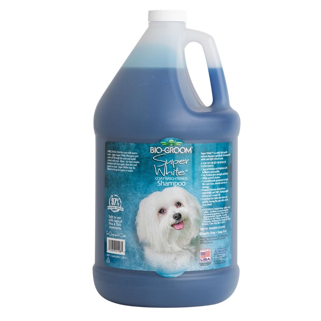 Bio-Groom Super White shampoo bottle with dog photo on blue label