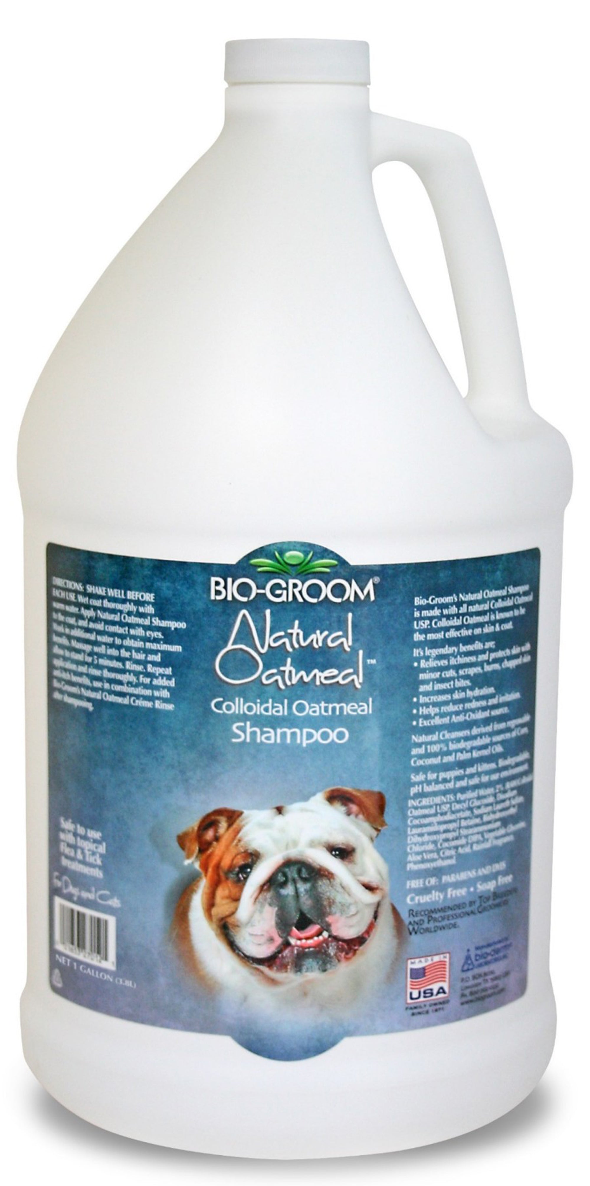 Bio-Groom Natural Oatmeal shampoo bottle with handle, front label with bulldog photo