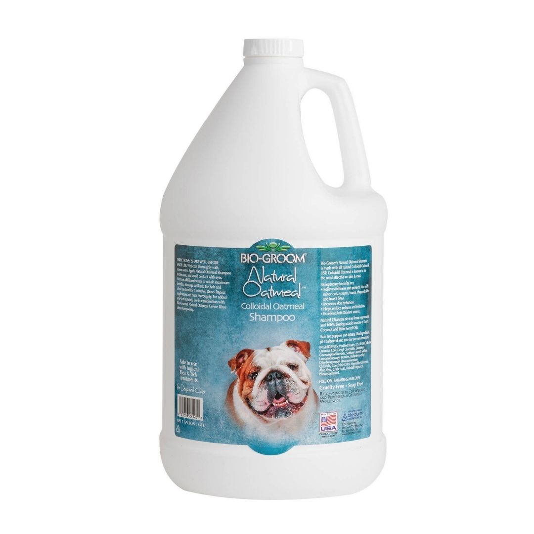 Bio-Groom Natural Oatmeal anti-itch shampoo bottle, 1-gallon, white bottle with dog label