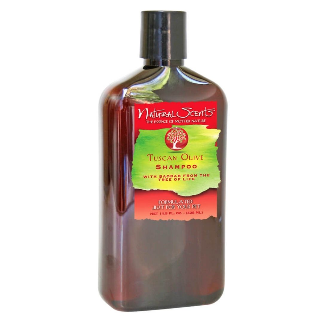 Bio Groom Tuscan Olive shampoo bottle, 14.5 fl oz, amber bottle with front label