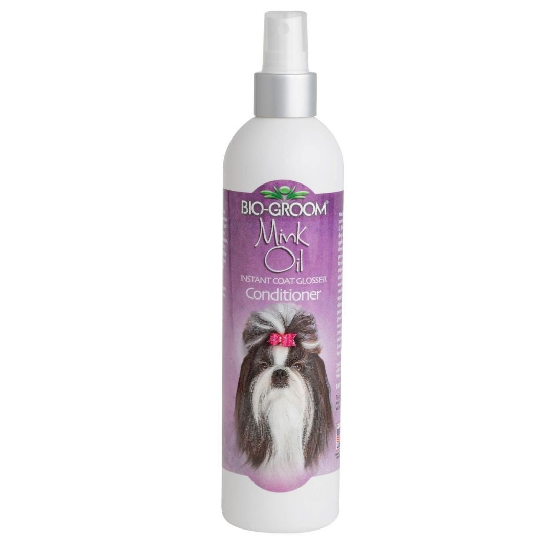 Bio-Groom Mink Oil conditioner spray bottle with silver pump and purple label