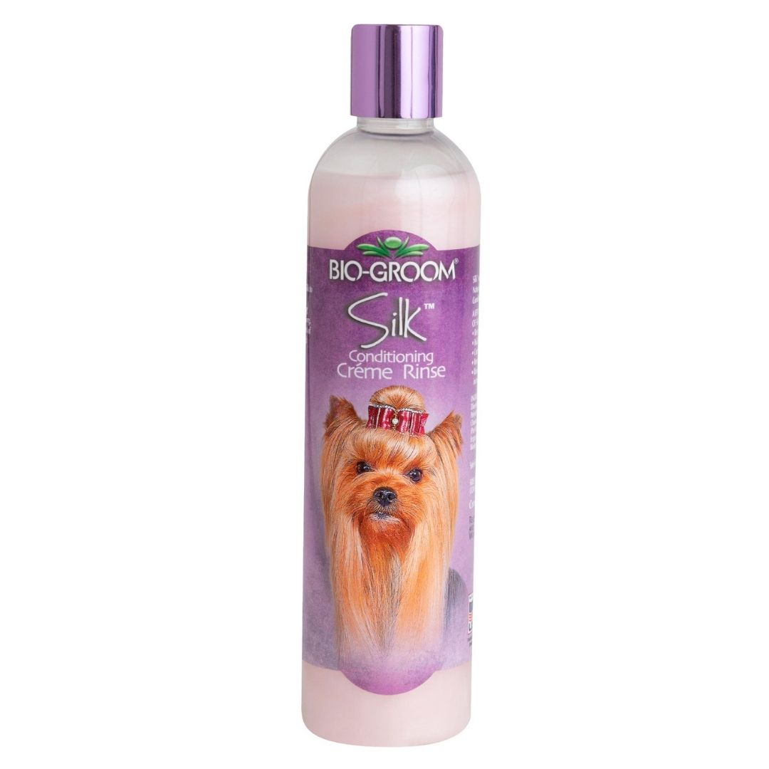 Silk conditioning creme rinse bottle, Bio-Groom, purple cap and pink label