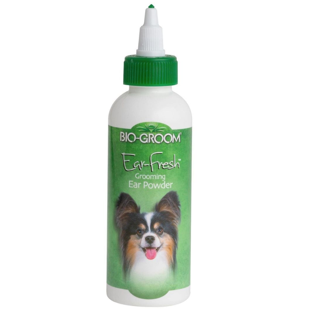 Bio-Groom Ear-Fresh ear powder bottle with green cap and white nozzle; dog label