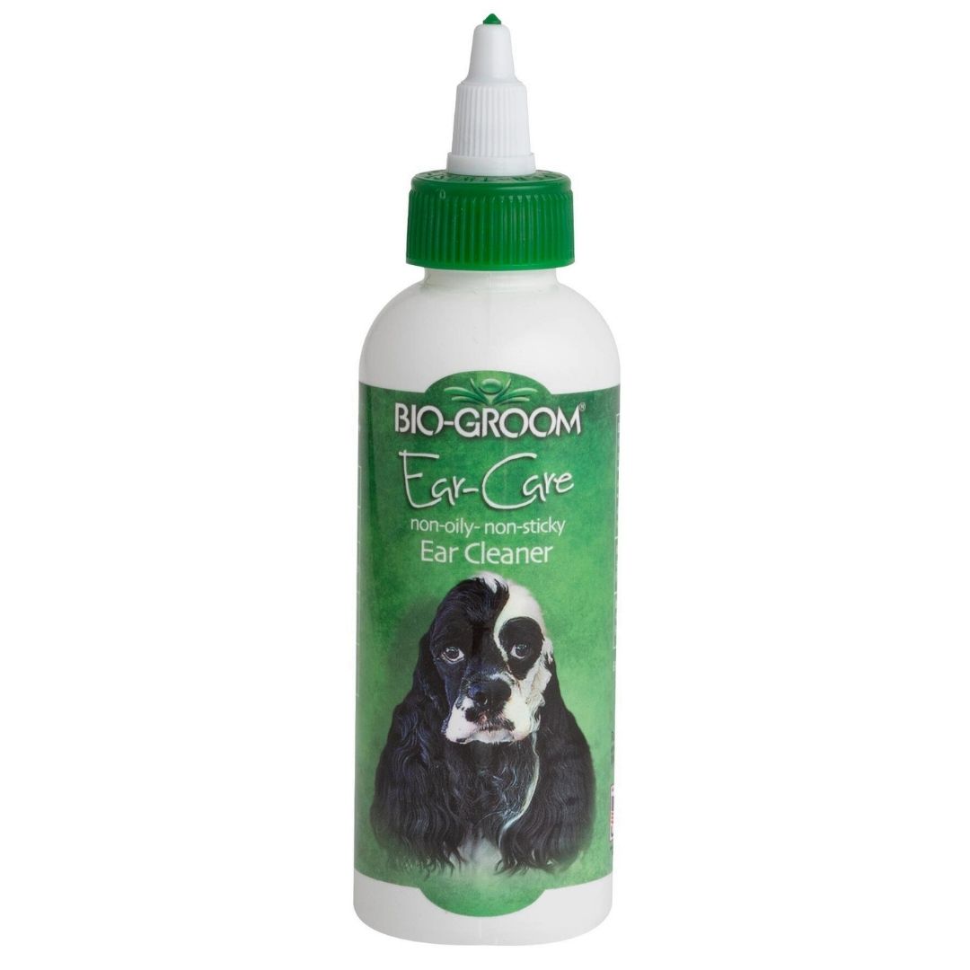 Bio-Groom ear cleaner bottle with green screw cap and dropper tip, 4 oz