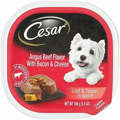 Cesar wet dog food loaf in sauce package with Angus beef, bacon, and cheese