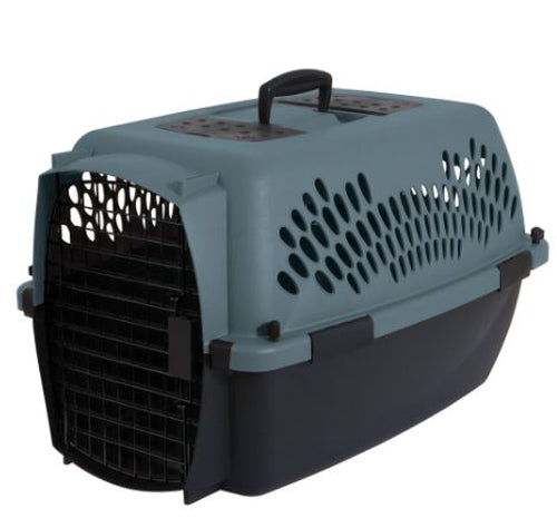 Hard-sided dog kennel with vented panels and handle, gray and black