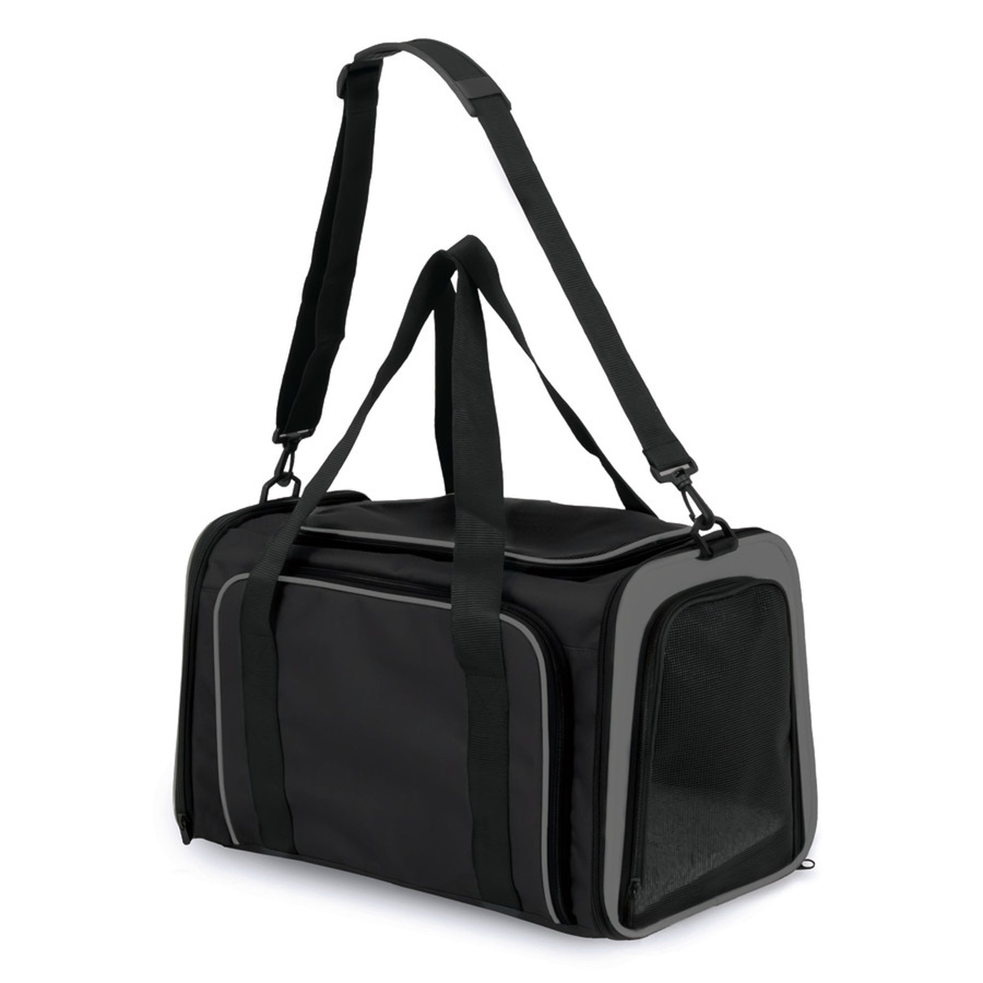 Black dog carrier bag with mesh windows, padded handle, and adjustable shoulder straps