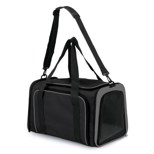 Black dog carrier bag with mesh windows, padded handle, and adjustable shoulder straps