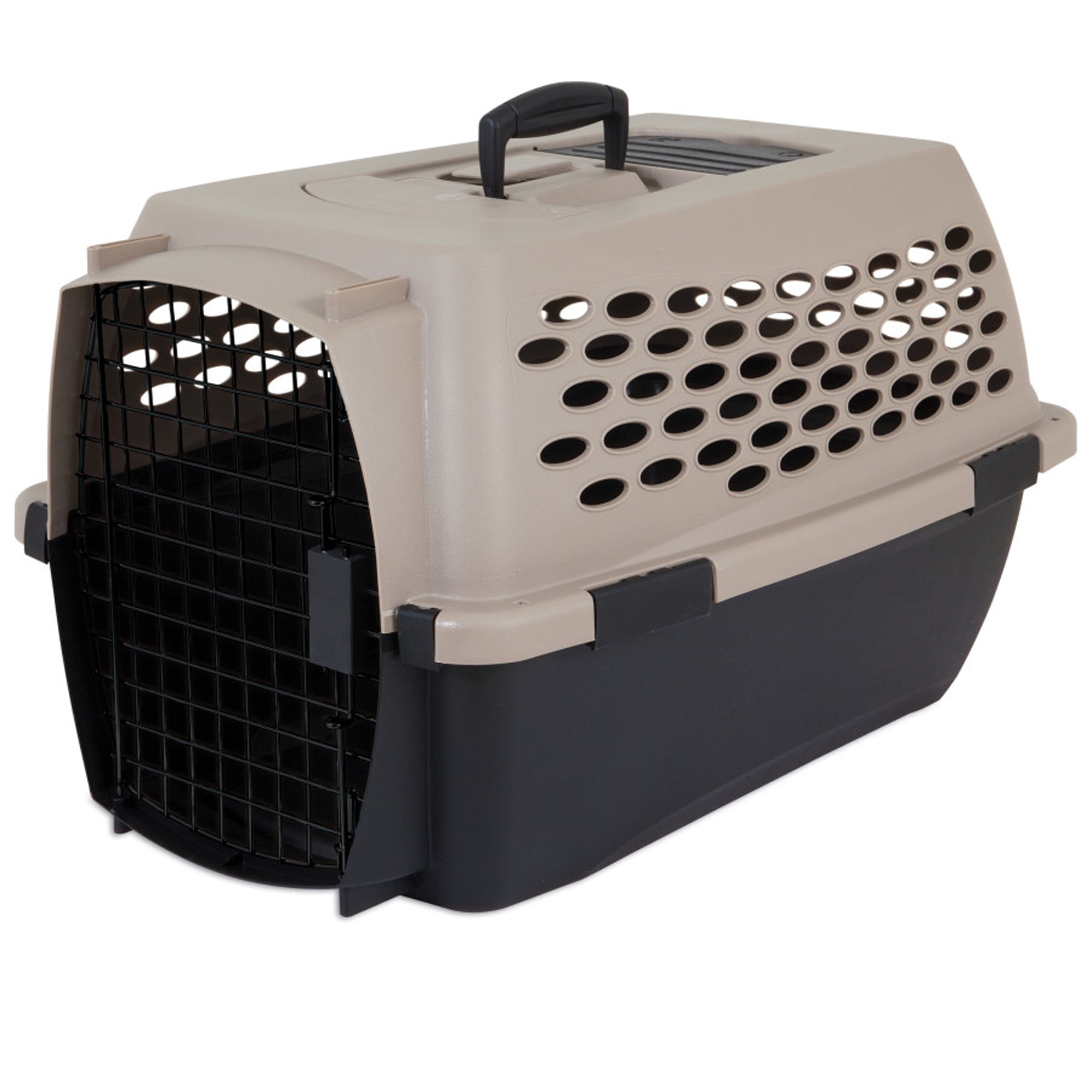Petmate Vari dog kennel with taupe top and black bottom, vented side openings, hinged door