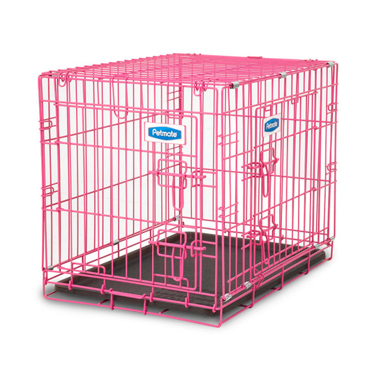 Petmate pink metal 2-door dog training kennel with front latch and wire panels