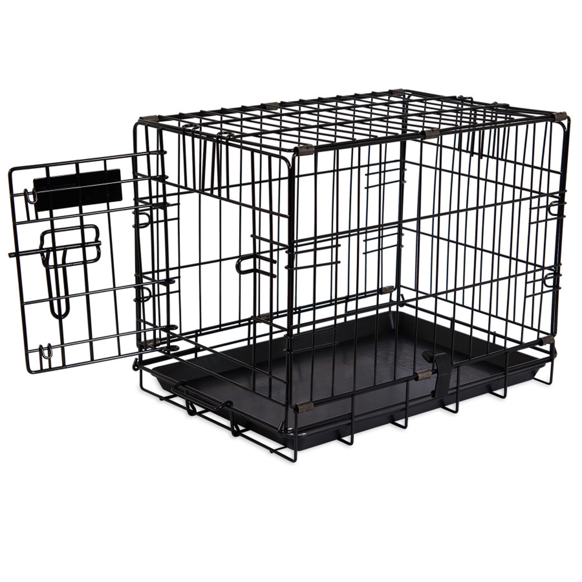 Black metal two-door dog kennel with removable divider and tray, 19 in