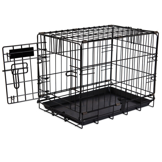 Black metal two-door dog kennel with removable divider and tray, 19 in