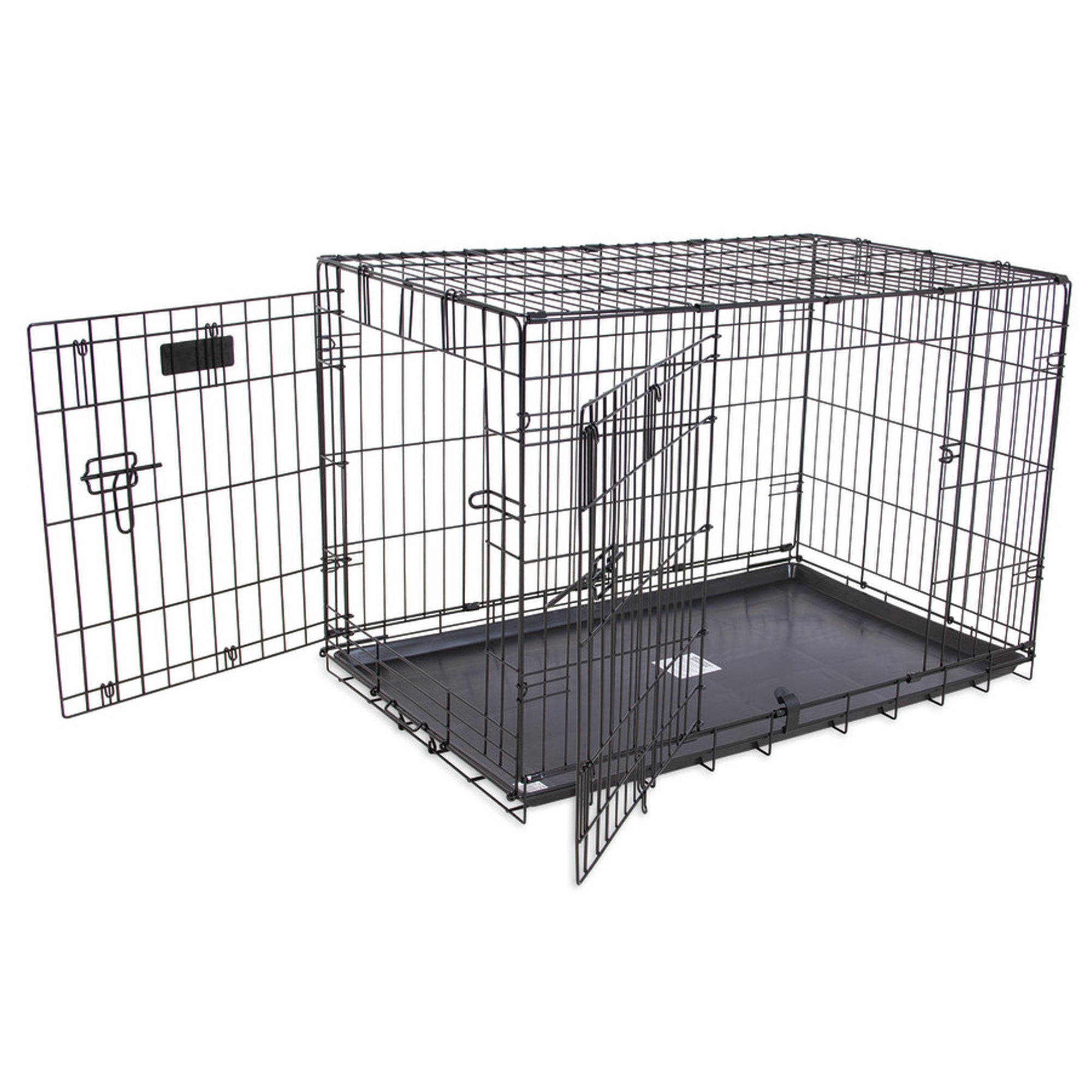 Black 2-door wire dog kennel with front double doors and base tray