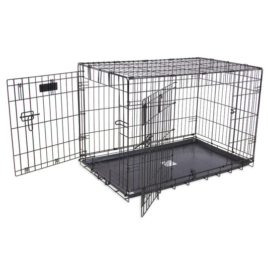 Black 2-door wire dog kennel with front double doors and base tray