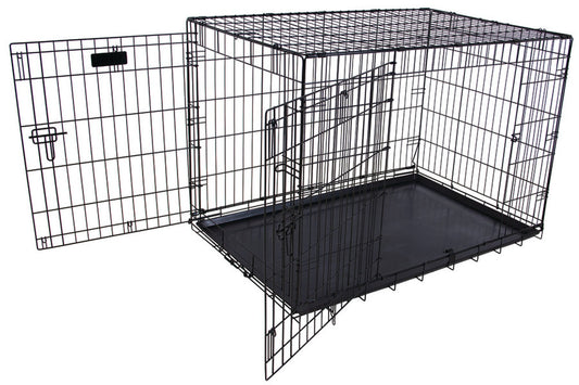 Wire dog kennel with two doors and black plastic pan, metal crate enclosure