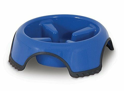 Large blue slow-feed pet bowl with skid-stop base and raised feeder ridges