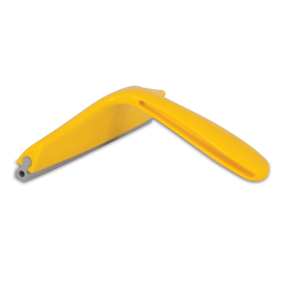 Yellow U-shaped pet hair magnet tool with soft grip handle and gray tip
