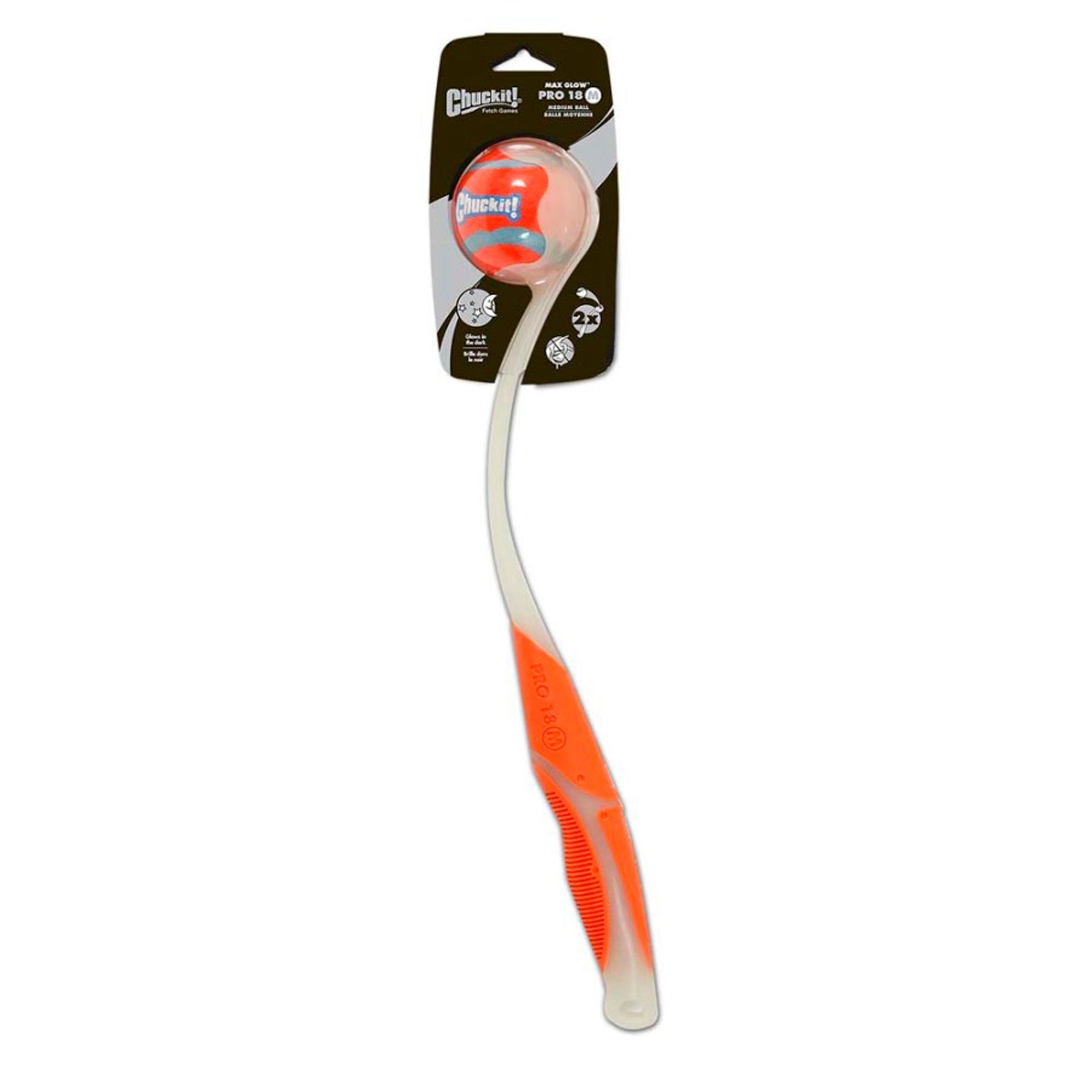Chuckit! Max Glow Pro dog ball launcher with orange handle and translucent scoop end
