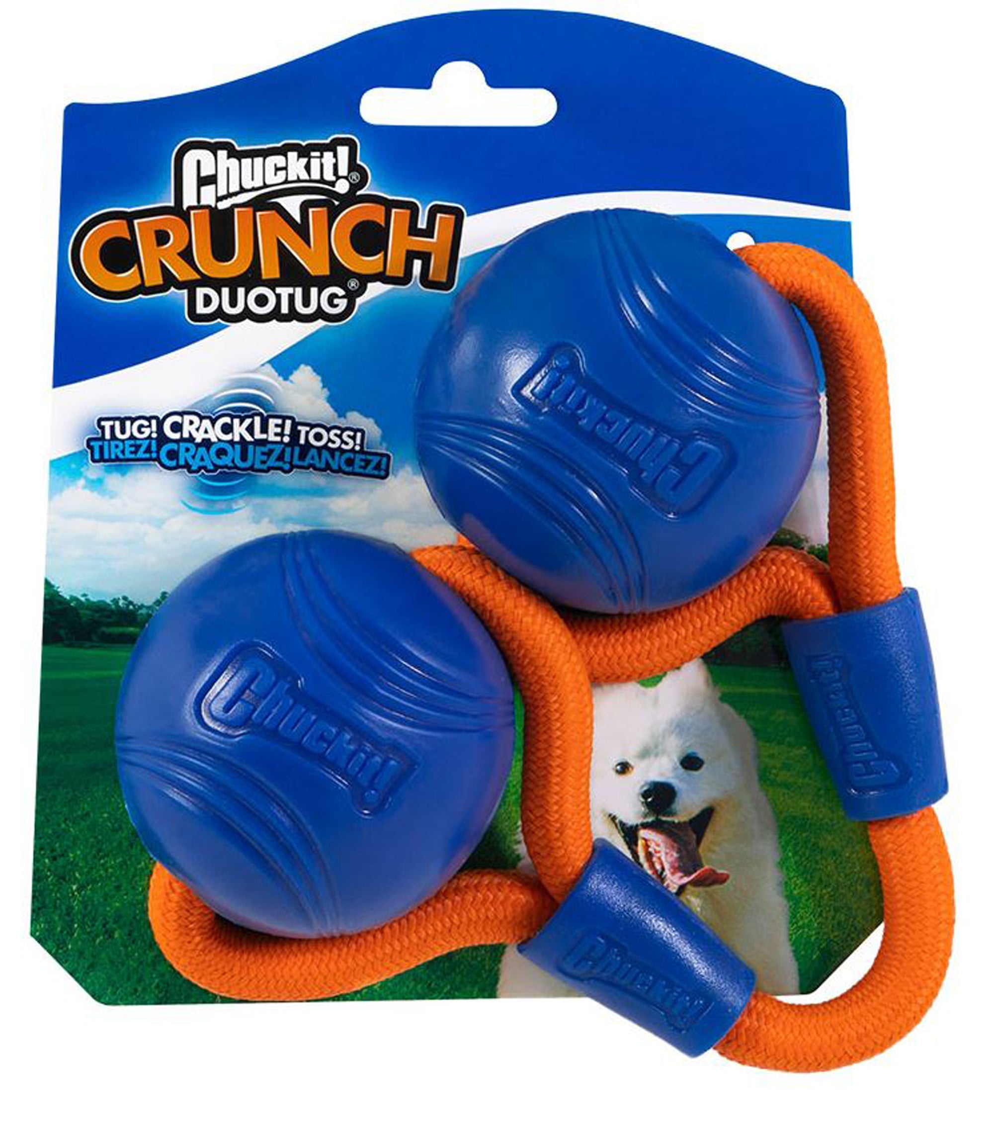 Chuckit! CRUNCH DuoTug dog tug toy: two blue textured balls with orange rope handle