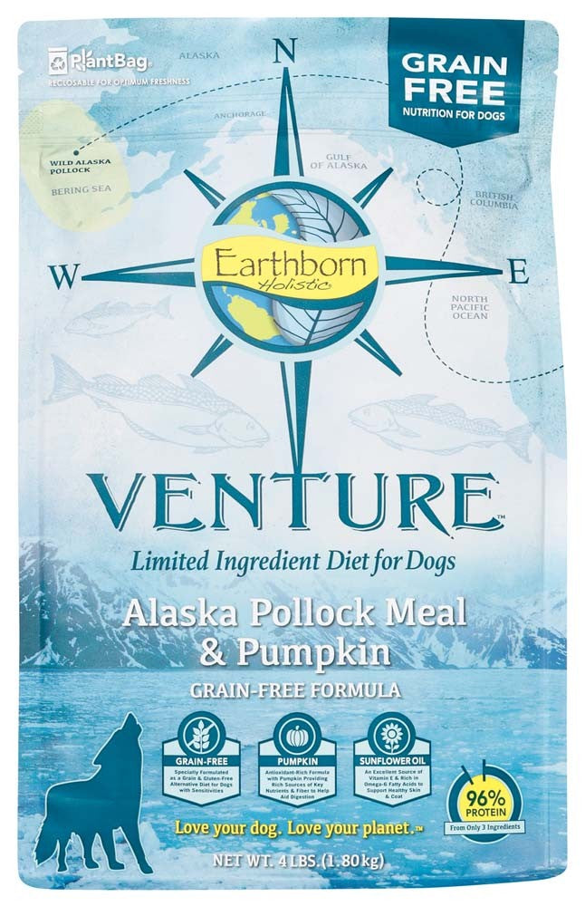 Earthborn Holistic Venture grain-free dry dog food bag with Alaska pollock meal and pumpkin