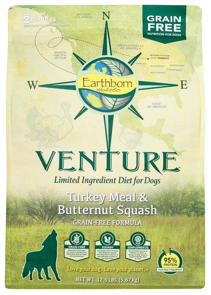 Grain-free dry dog food bag with turkey meal & butternut squash, 12.5 lb