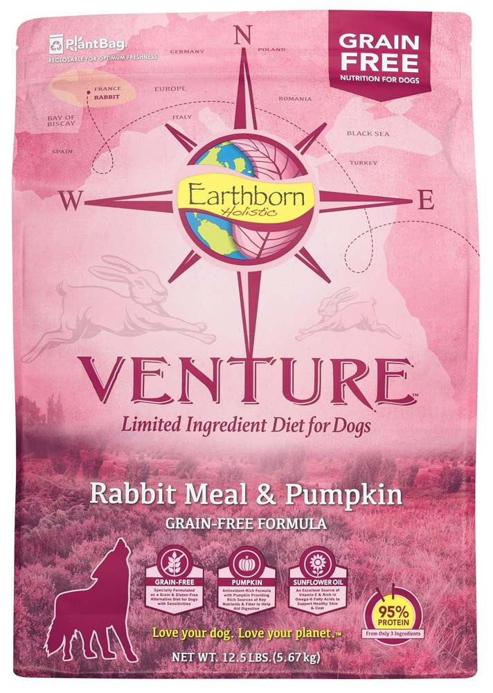 Earthborn grain-free dry dog food bag with rabbit meal and pumpkin, 12.5 lb