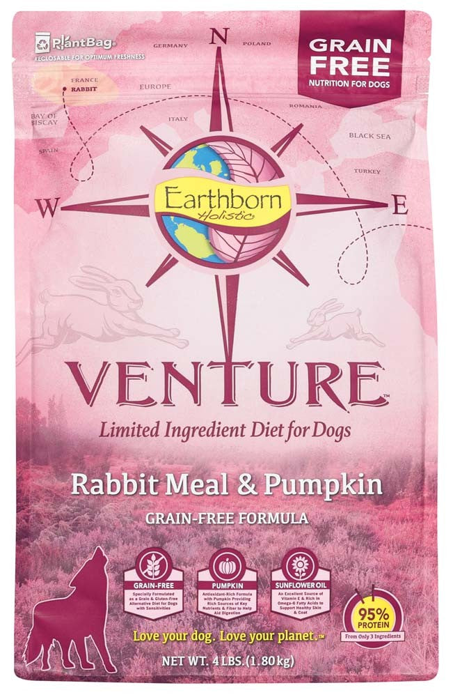 Earthborn Holistic grain-free dry dog food bag, rabbit meal & pumpkin, 4 lb