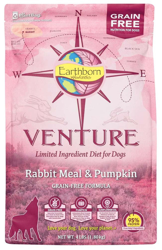 Earthborn Holistic grain-free dry dog food bag, rabbit meal & pumpkin, 4 lb