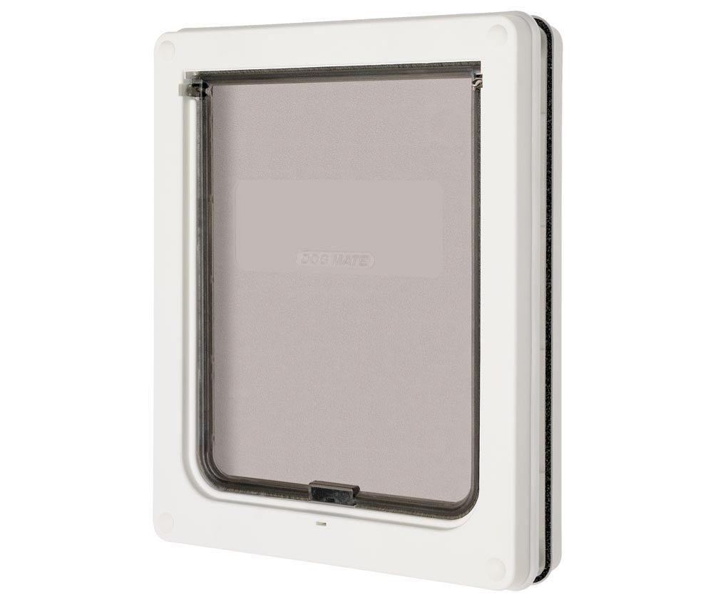 White pet dog door with clear panel and locking frame
