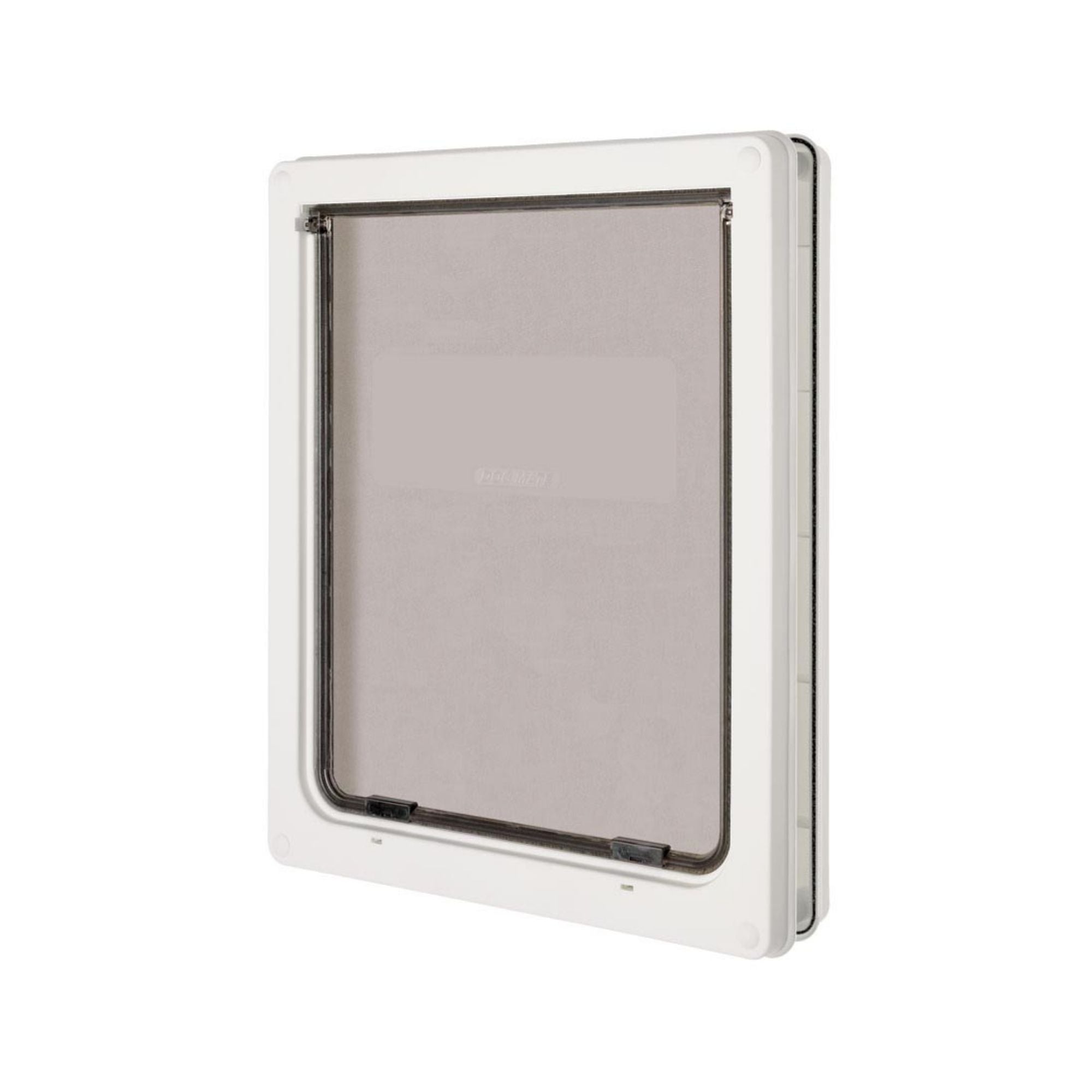 Large white dog door with gray flap and clear panel