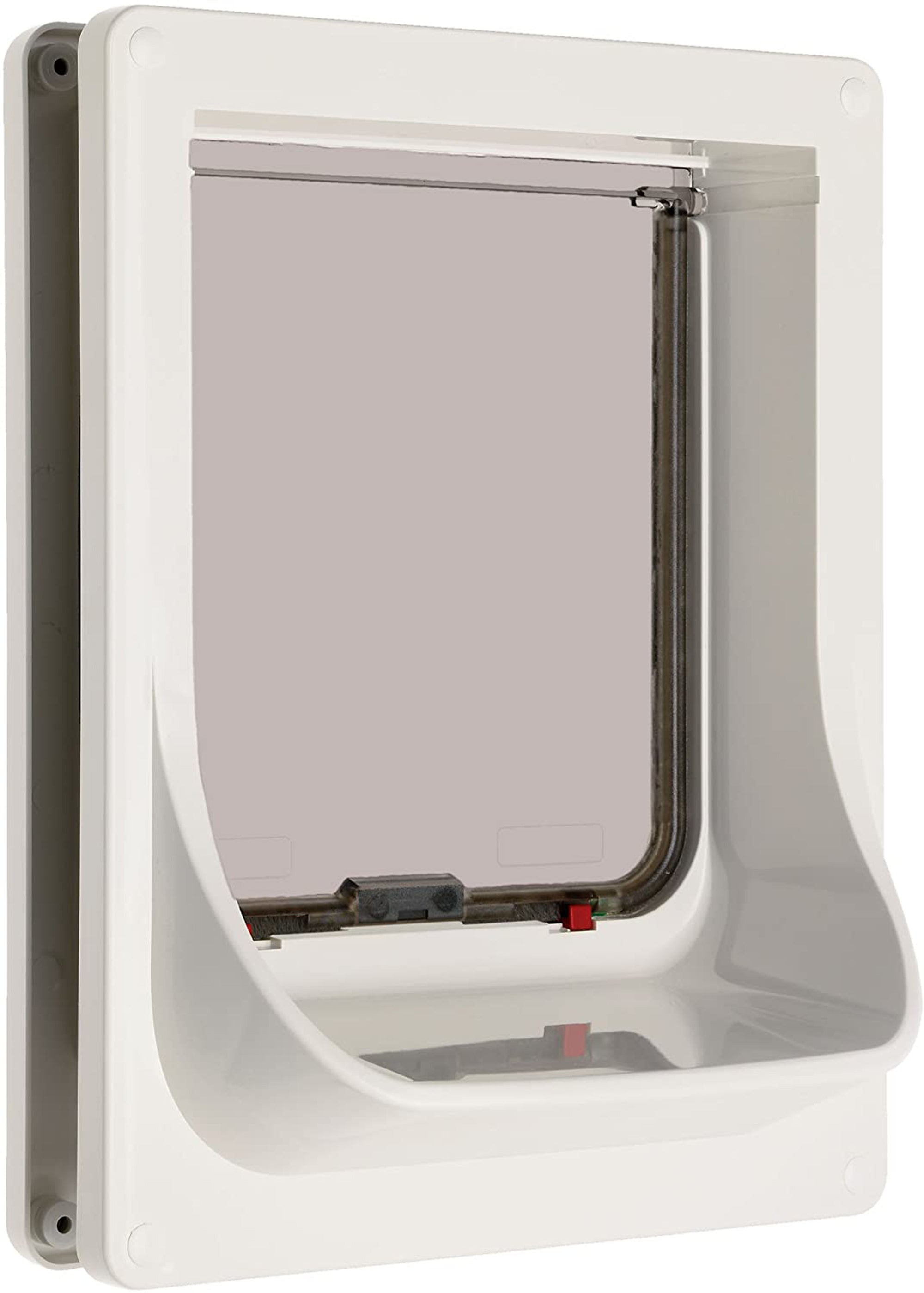 White electromagnetic pet door with hinged clear flap, wall-mounted frame
