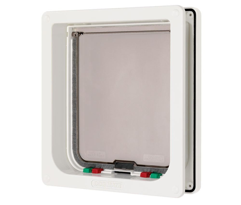 White pet door with clear flap and locking hardware, hinged frame