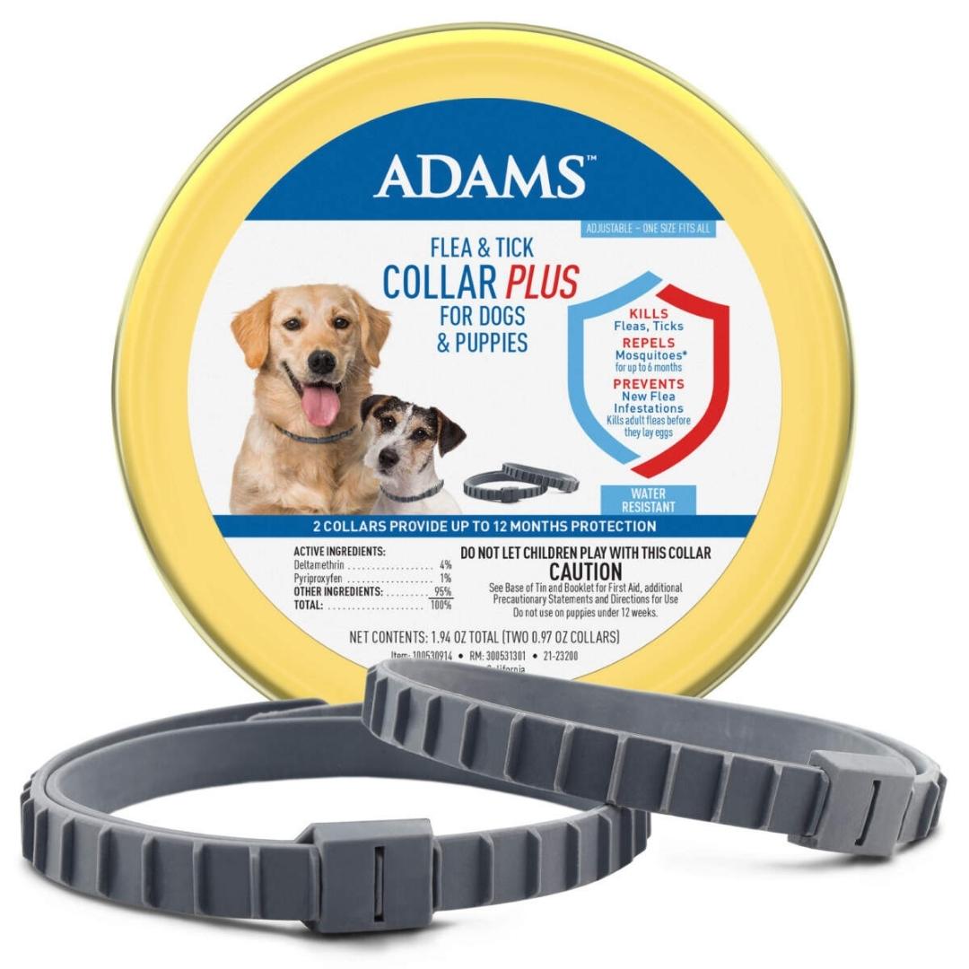 Dog flea and tick collar plus: dark gray adjustable strap with buckle, shown with tin