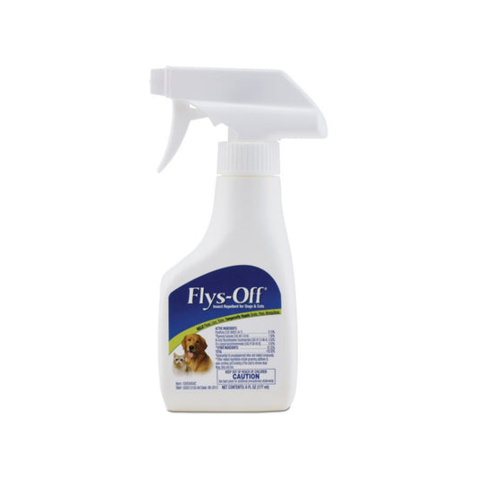 Flys-Off pump spray bottle with white trigger and front label