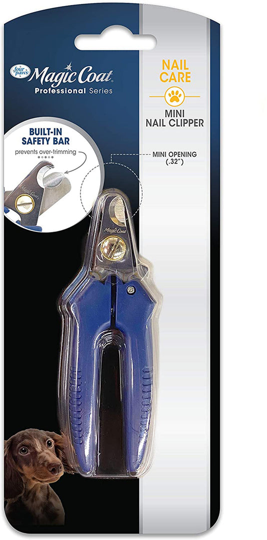 Mini dog nail clippers with built-in safety bar, blue handles in blister pack