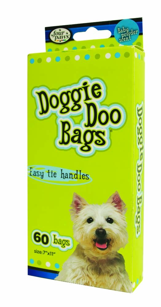 Four Paws biodegradable dog doo bags package, easy-tie handles, 60-count, green
