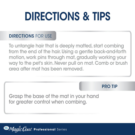 Directions and tips panel for Magic Coat dog dematting rake comb