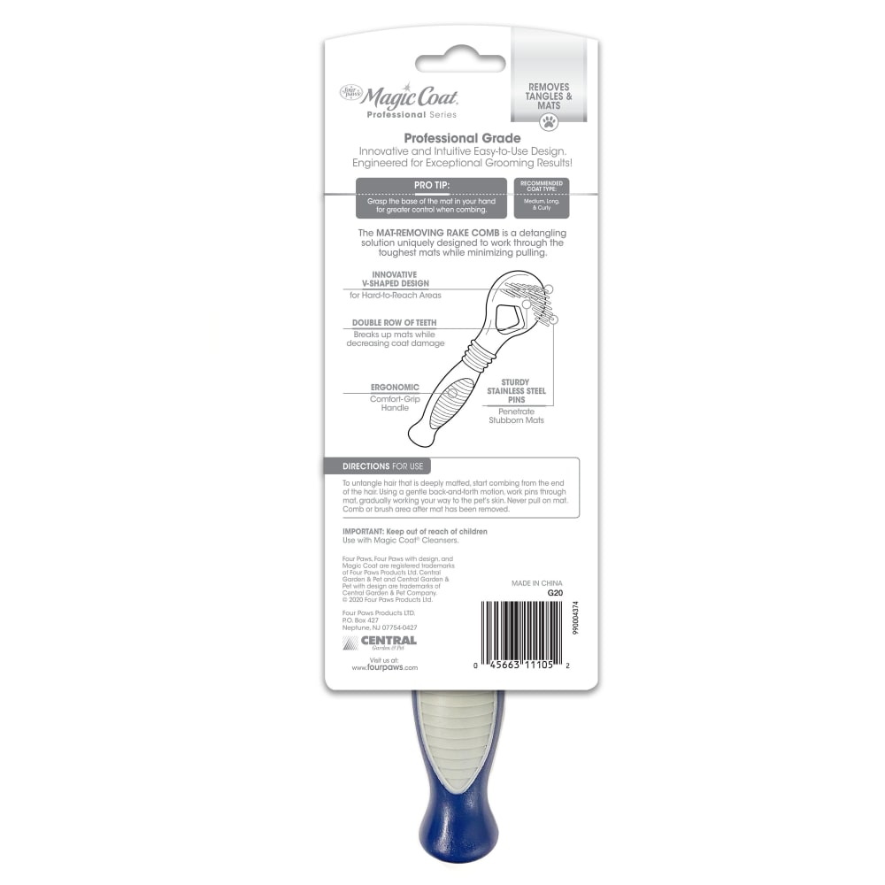 Magic Coat dog dematting rake comb shown with retail packaging back and blue handle