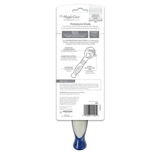 Magic Coat dog dematting rake comb shown with retail packaging back and blue handle