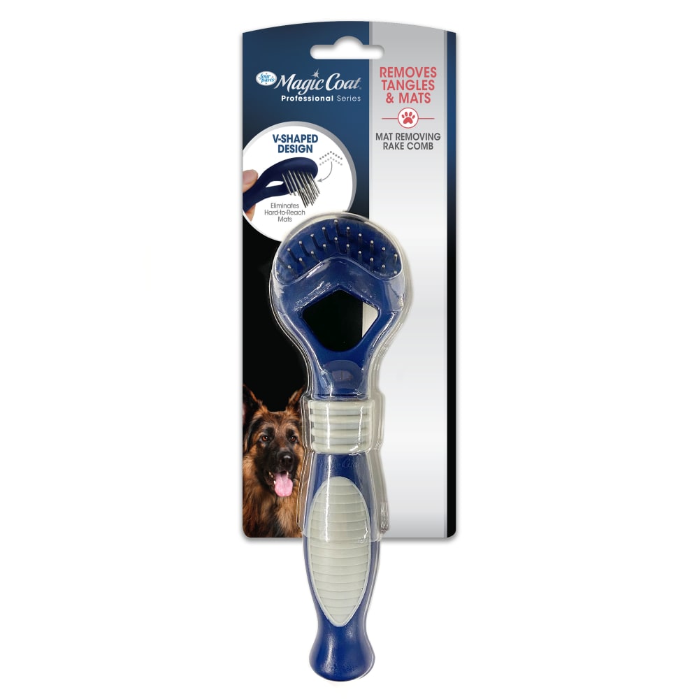 Magic Coat blue dog dematting rake comb in retail package with V-shaped design