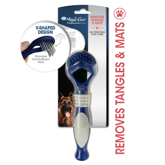 Magic Coat blue dog dematting rake comb with V-shaped head and stainless steel pins
