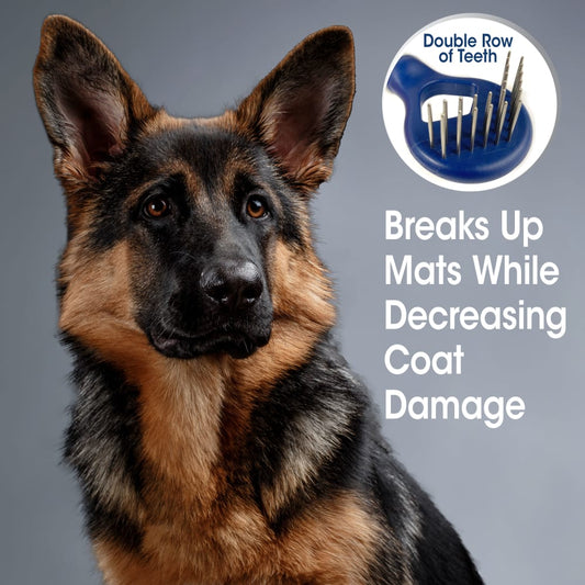 German shepherd with inset view of Magic Coat blue V-shaped dematting rake comb