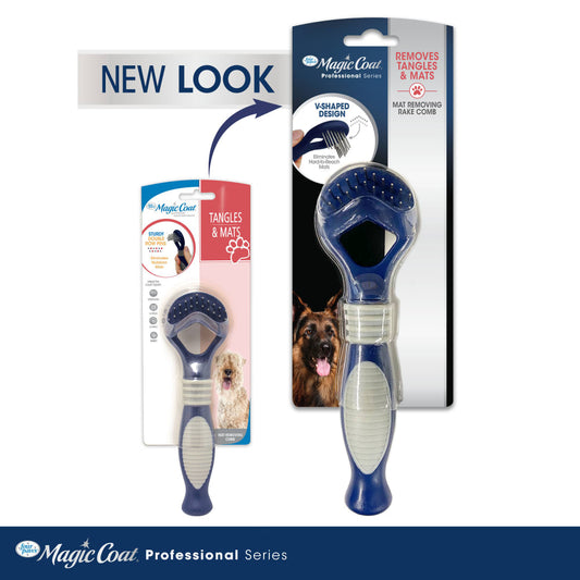 Magic Coat dog dematting rake comb in retail packaging with blue V-shaped rake head